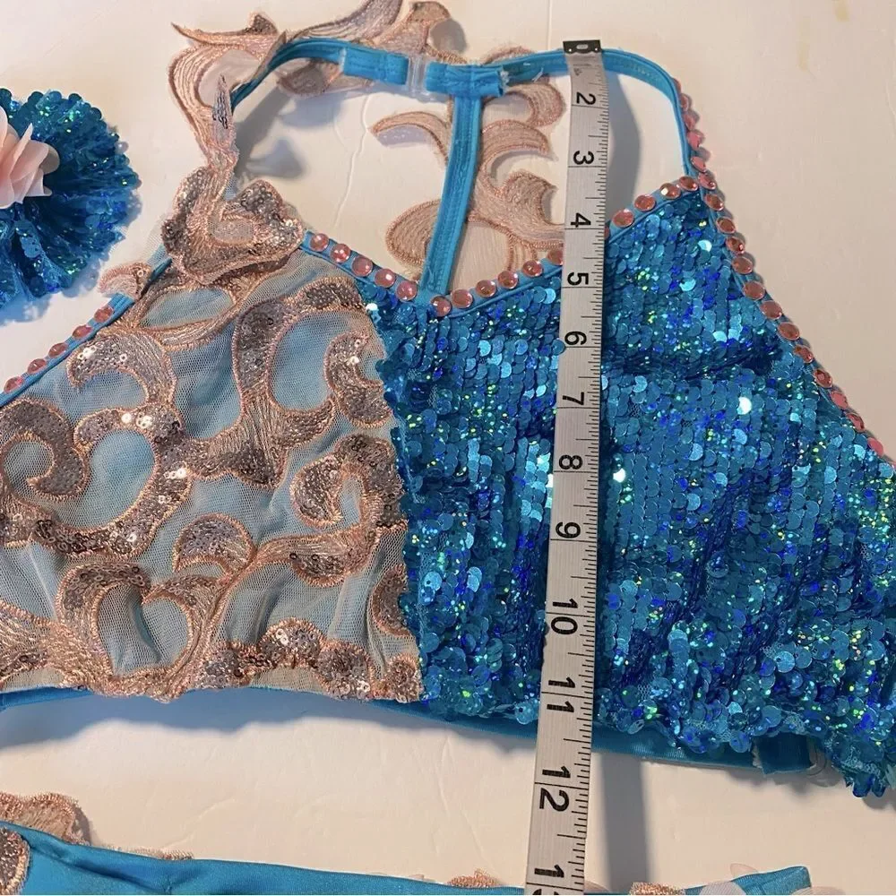 Glamour solo dance costume 2 piece blue pink sequin lace XLC-Extra large child
